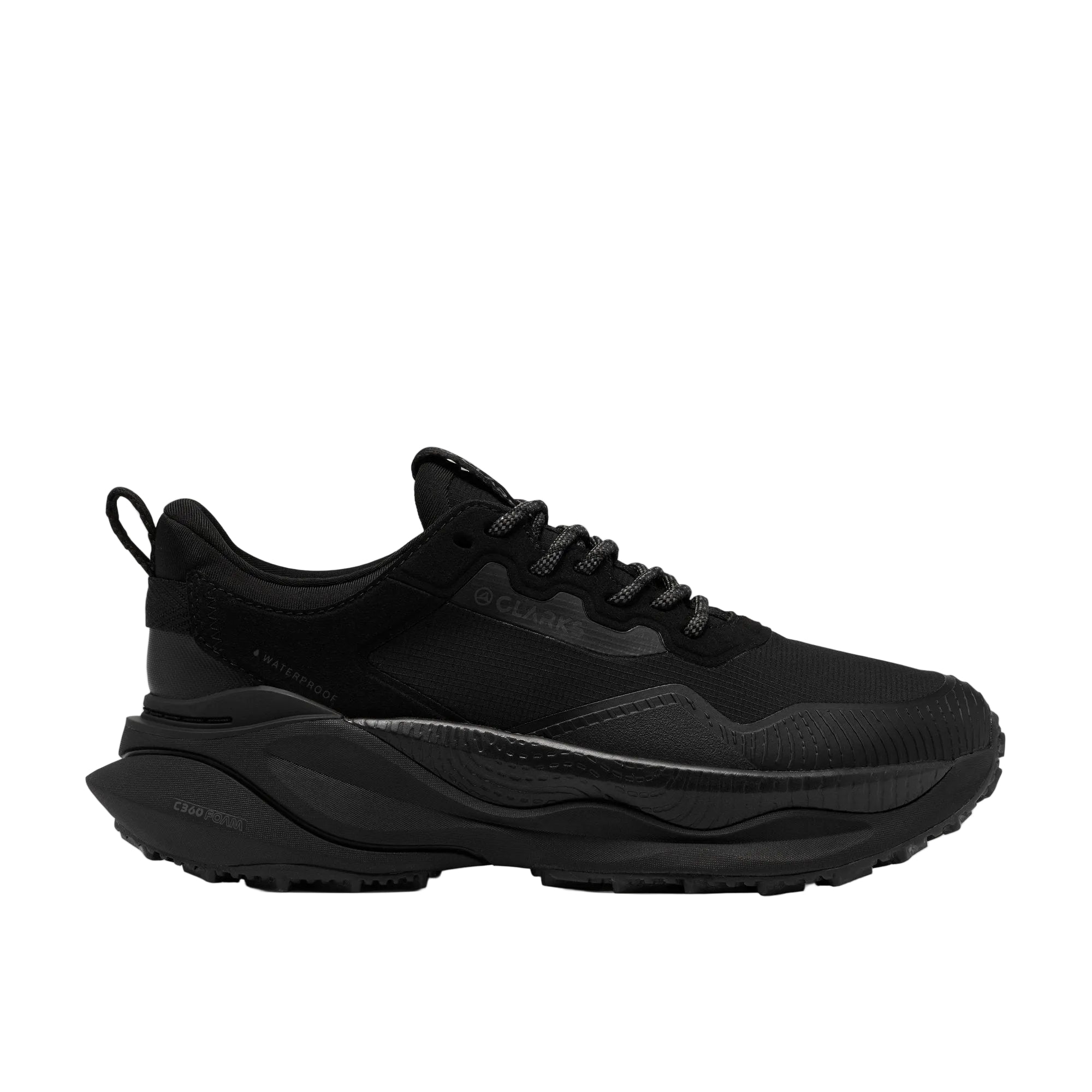 CLARKS Women's Pace Trail Go Waterproof Wide Black/Black shoe, ripstop nylon upper, angled side view.