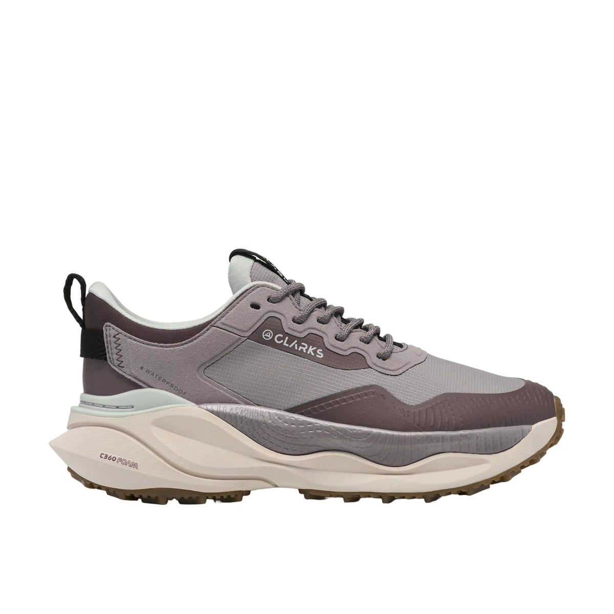 CLARKS Women's Pace Trail Go Waterproof Wide Mauve Combi hiking shoe, ripstop nylon upper, rugged sole, angled view.