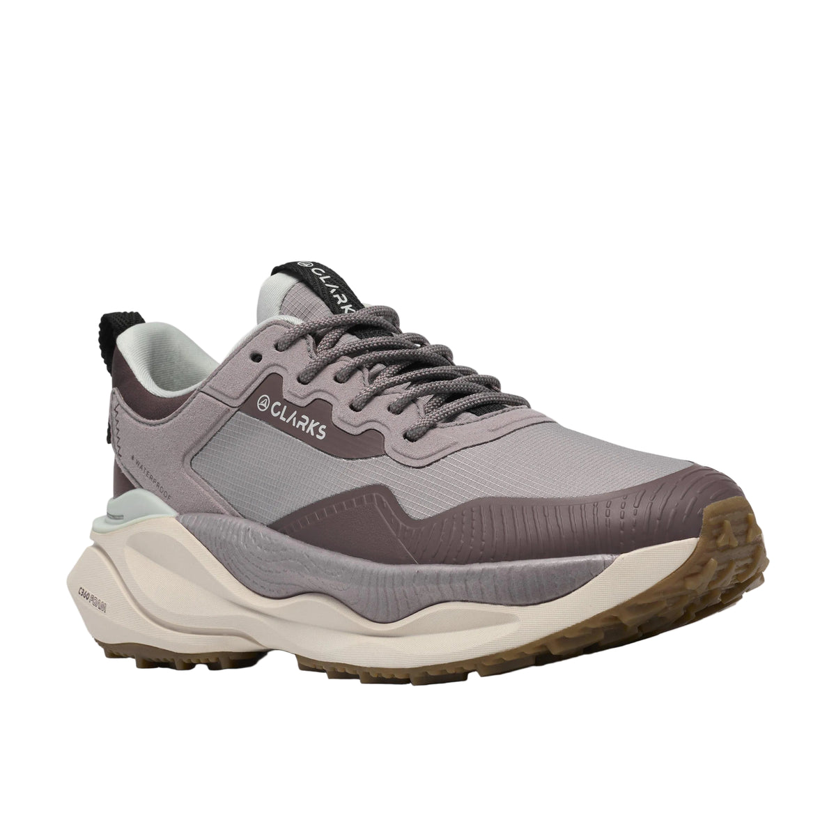 Outsole view of CLARKS Women's Pace Trail Go Wide Mauve Combi hiking shoe, chunky C-tread rubber tread for grip.