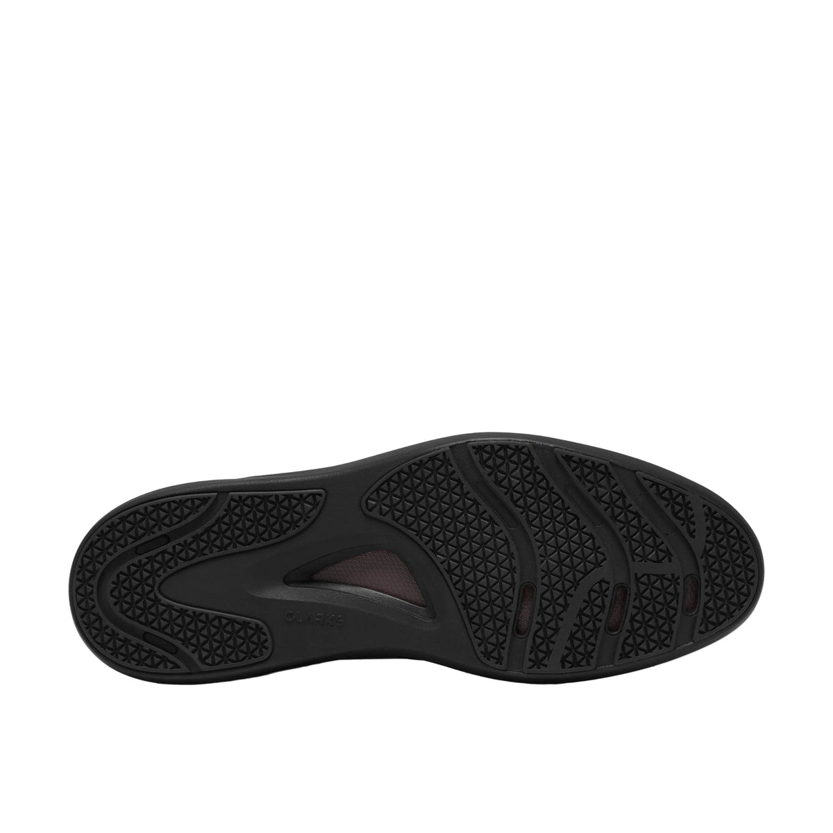 CLARKS Men's Code Hybrid Plain Wide Black Smooth shoe from above, black laces and contoured footbed.