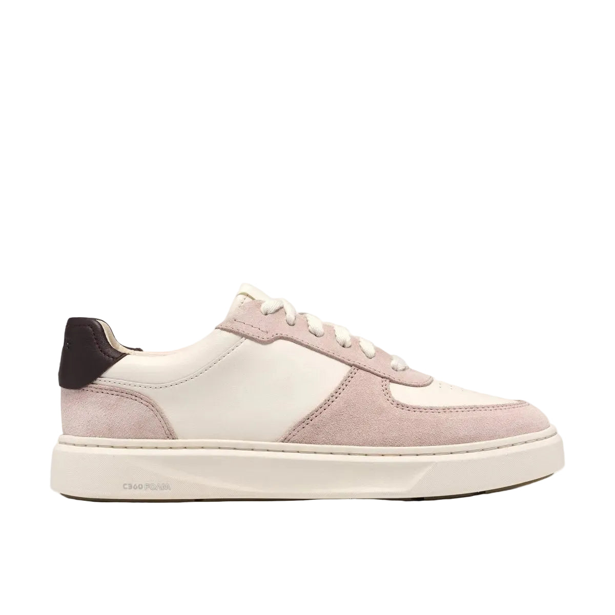 CLARKS Women's Code C Court Wide Pink Combi sneaker, leather upper with breathable perforations, angled side view.