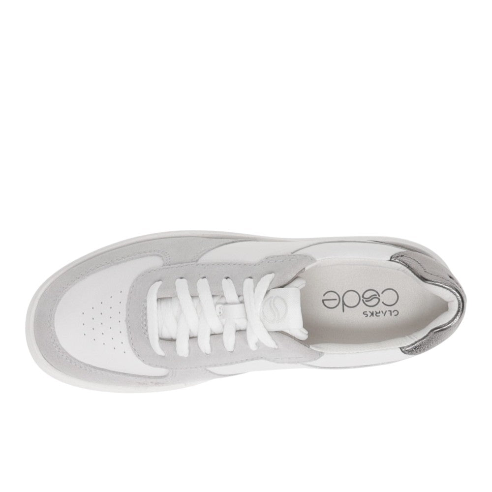 Outsole view of the CLARKS Women's Code C Court Wide Grey Combi sneaker with durable rubber tread and C360 foam.