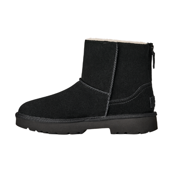 The UGG Women's Marais Zip Up Black features black suede, visible stitching, a flat rubber sole, back zipper, and plush sheepskin lining for comfort. Displayed on a white background.