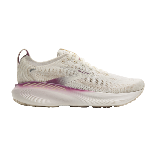 The Brooks Women’s Adrenaline GTS 25 Coconut/Grey features a mesh upper with light purple and pink accents, BROOKS branding, and a cushioned sole for support—ideal for runners prone to plantar fasciitis.