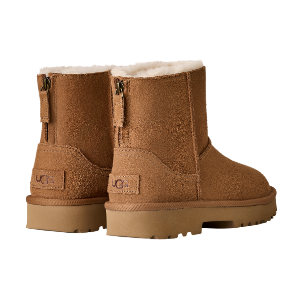 A pair of UGG Women's Marais Zip Up Chestnut boots with cream shearling lining, rubber soles, and rear zippers by UGG, shown from the back and side on a white background.