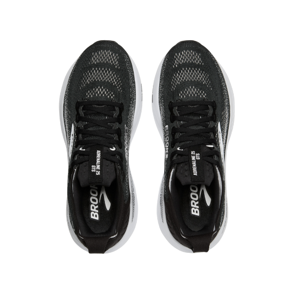 A pair of BROOKS Men's Adrenaline GTS 25 Wide Black/White running shoes with visible laces, mesh upper, and “BROOKS” branding—designed for extra support and foot pain relief.