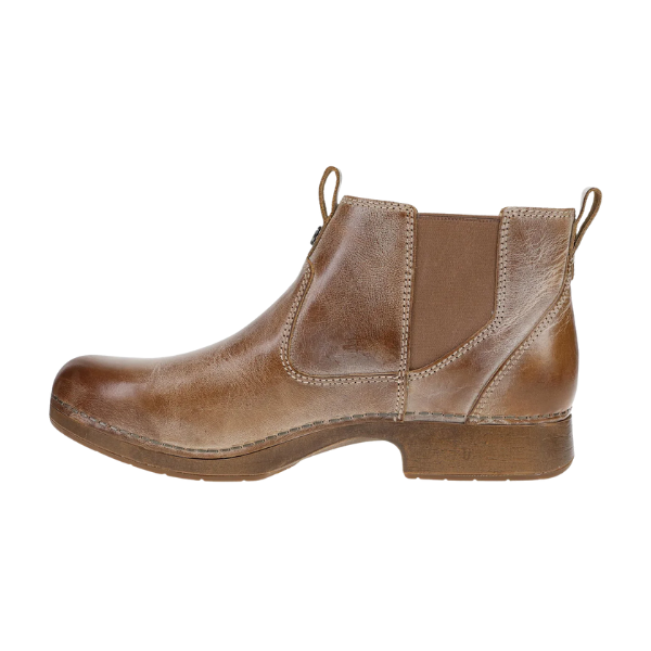 Dansko Women's Michelle Tan Waxy: tan Chelsea boot with low heel, slip-resistant sole, and elastic side panel by DANSKO.