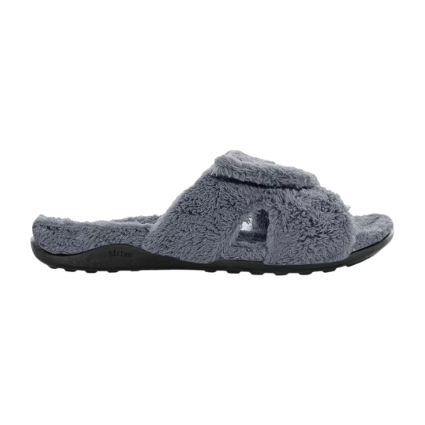 STRIVE Strive Women's Zoey Charcoal: gray fuzzy open-toe slipper with adjustable strap, ideal for arch support.