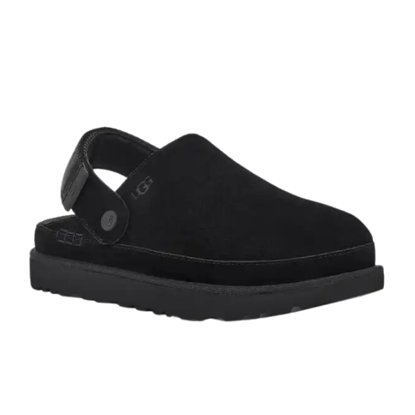 The UGG Womens Goldenstar Clog Black is a stylish suede platform clog with a closed toe, adjustable back strap, and thick rubber sole—ideal for comfort and fashion.