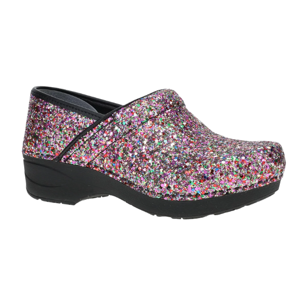 Dansko Women's XP 2.0 Party Glitter XP clog with arch support, shown from the side on a white background.