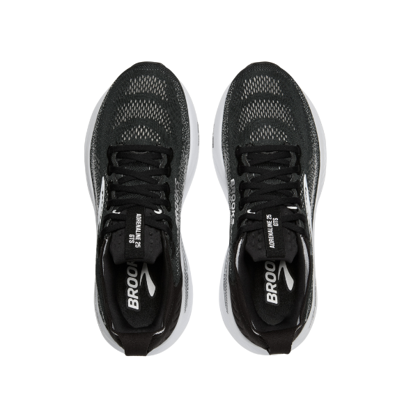 Top view of Brooks Women's Adrenaline GTS 25 Wide Black/White running shoes, featuring a mesh upper, white soles, and BROOKS insole branding. Their supportive design is ideal for women with plantar fasciitis.