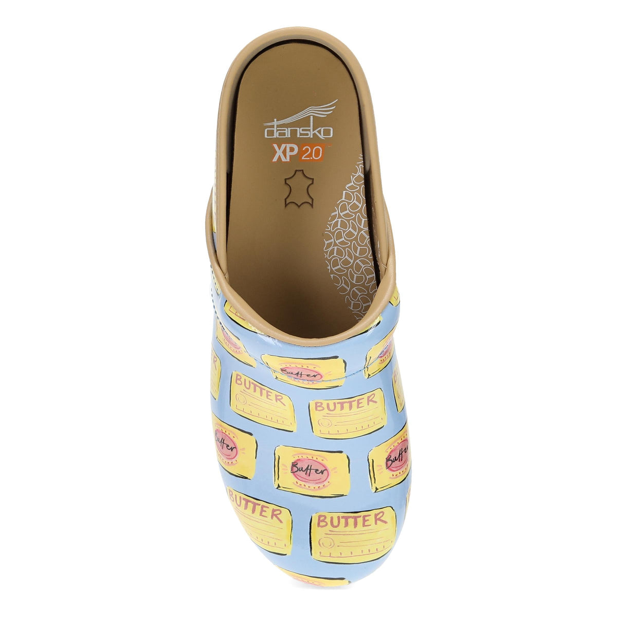 DANSKO Women's XP 2.0 Butter Patent clog from above, roomy toe box and padded instep collar.