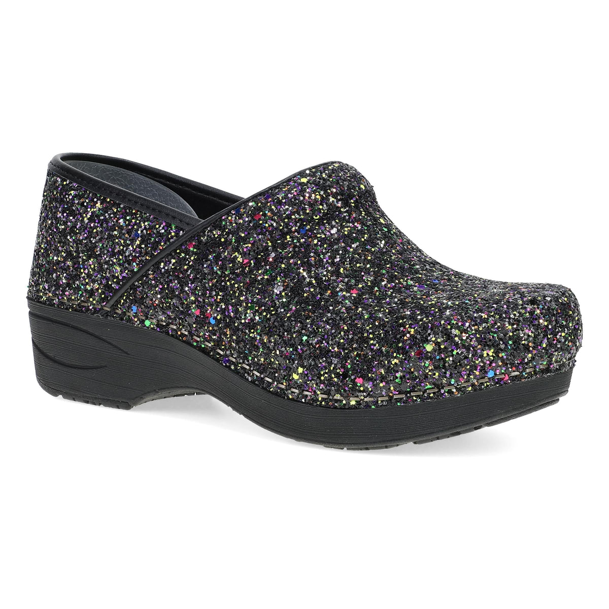 DANSKO Women's XP 2.0 Clog Black Glitter, glittered patent upper with arch support footbed, angled side view.