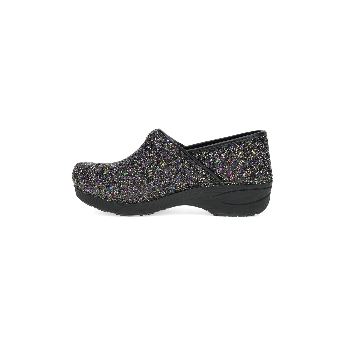 DANSKO Women's XP 2.0 Clog Black Glitter, black glitter upper and stapled rubber outsole, side profile view.