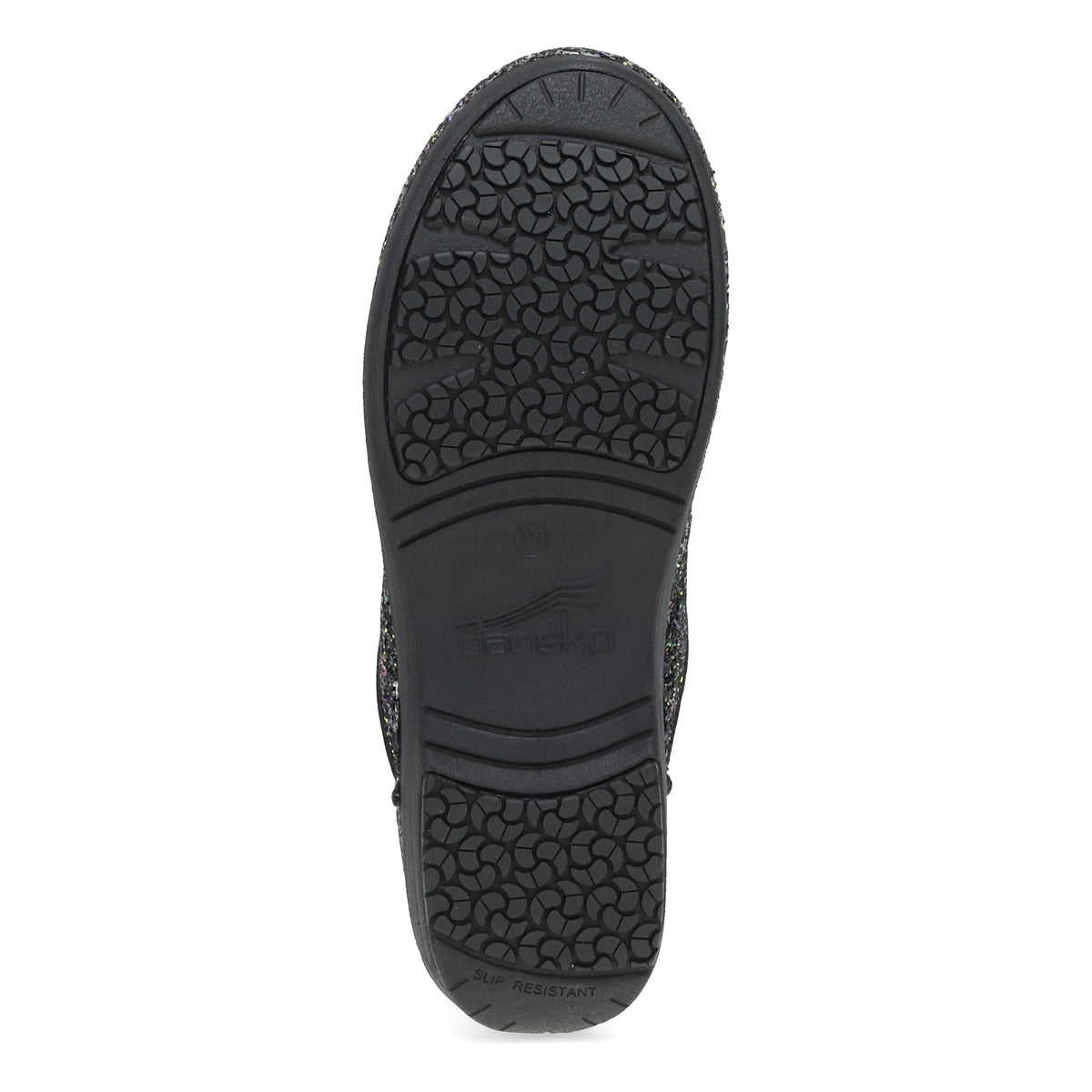 DANSKO Women's XP 2.0 Clog Black Glitter, slip-resistant rubber outsole tread pattern, bottom view.