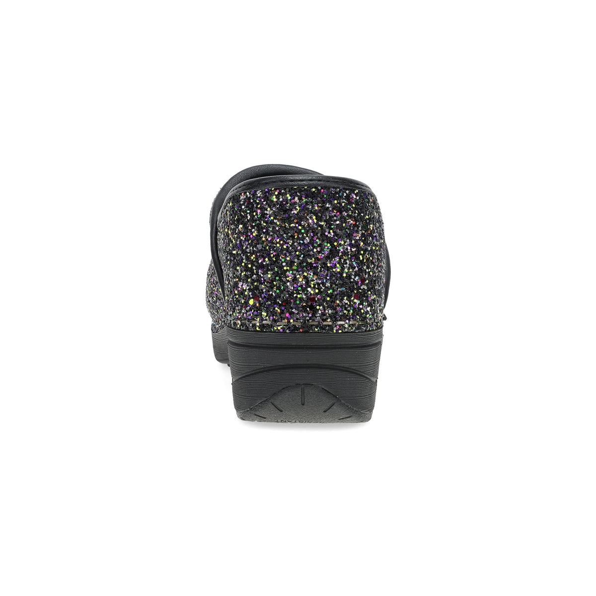 DANSKO Women's XP 2.0 Clog Black Glitter, TPU heel counter and 1.7 inch heel, rear view of the clog.