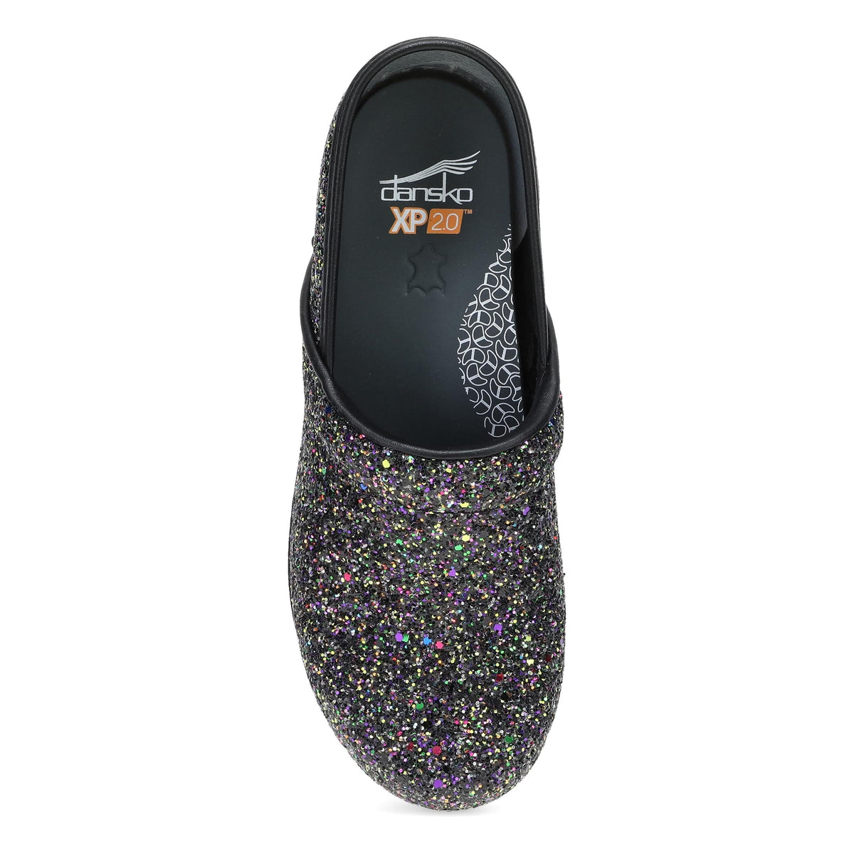 DANSKO Women's XP 2.0 Clog Black Glitter, roomy toe box and removable polyurethane footbed, top-down view.