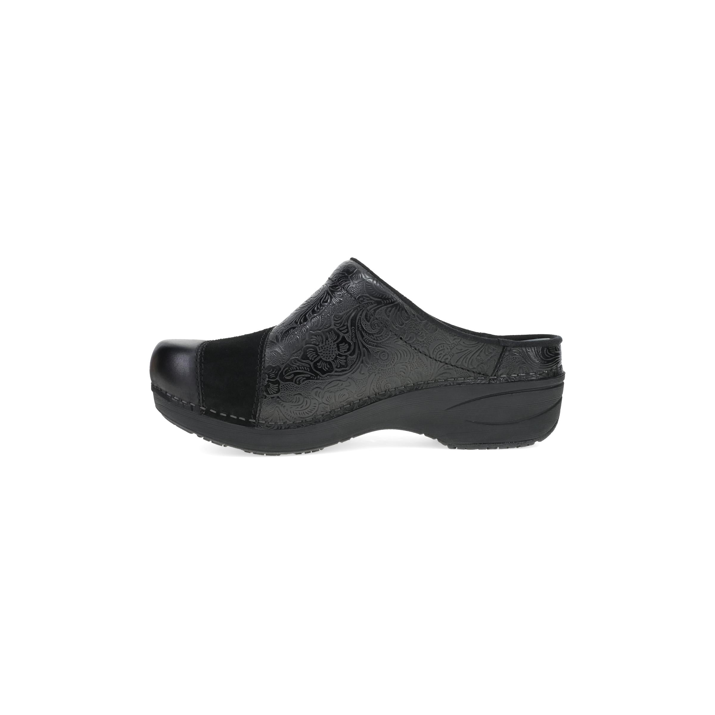 DANSKO Women's Zinnia Clog Black mule, hand-burnished leather and stapled sole, side profile.