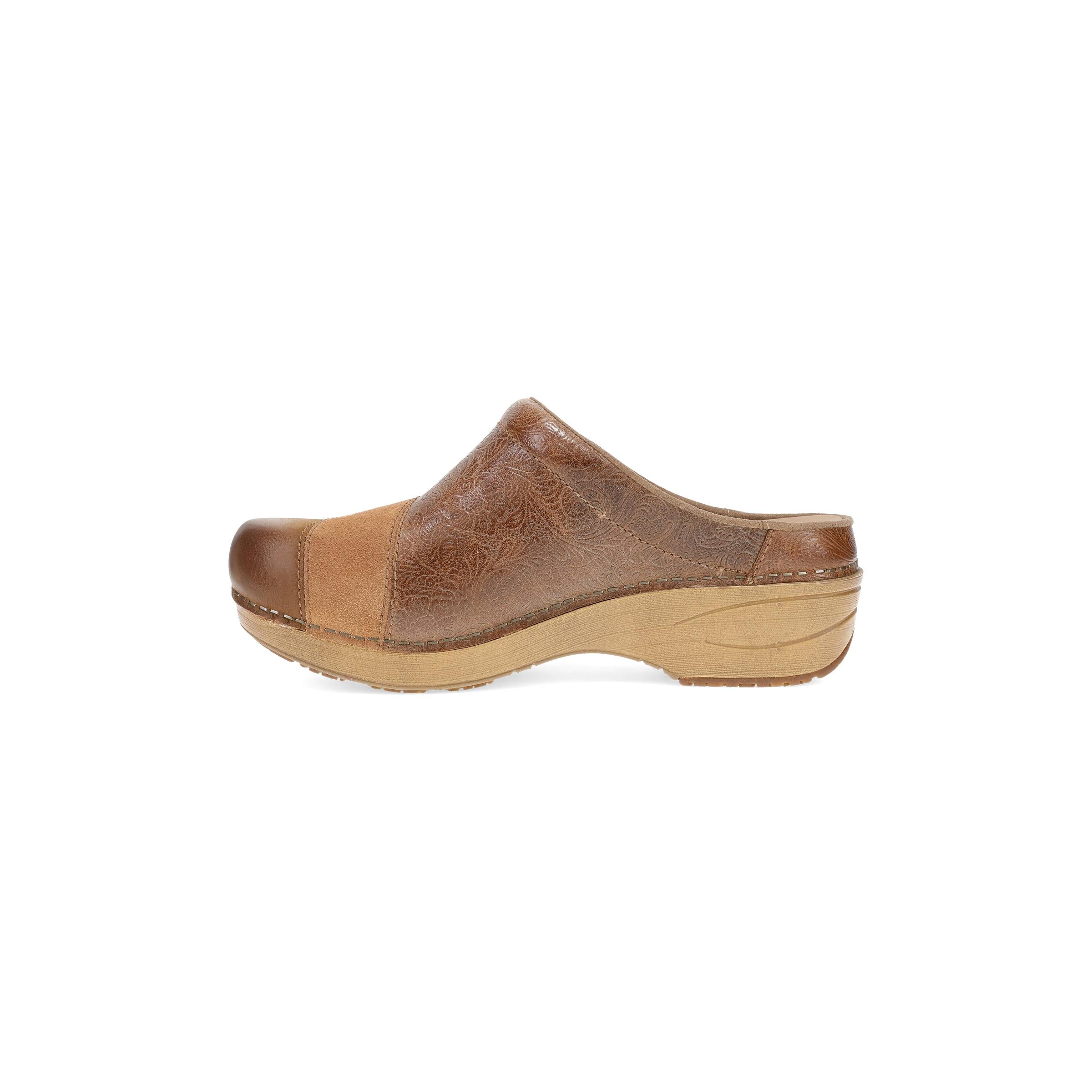 DANSKO Women's Zinnia Clog Tan Multi mule, suede and burnished leather panels, side profile.