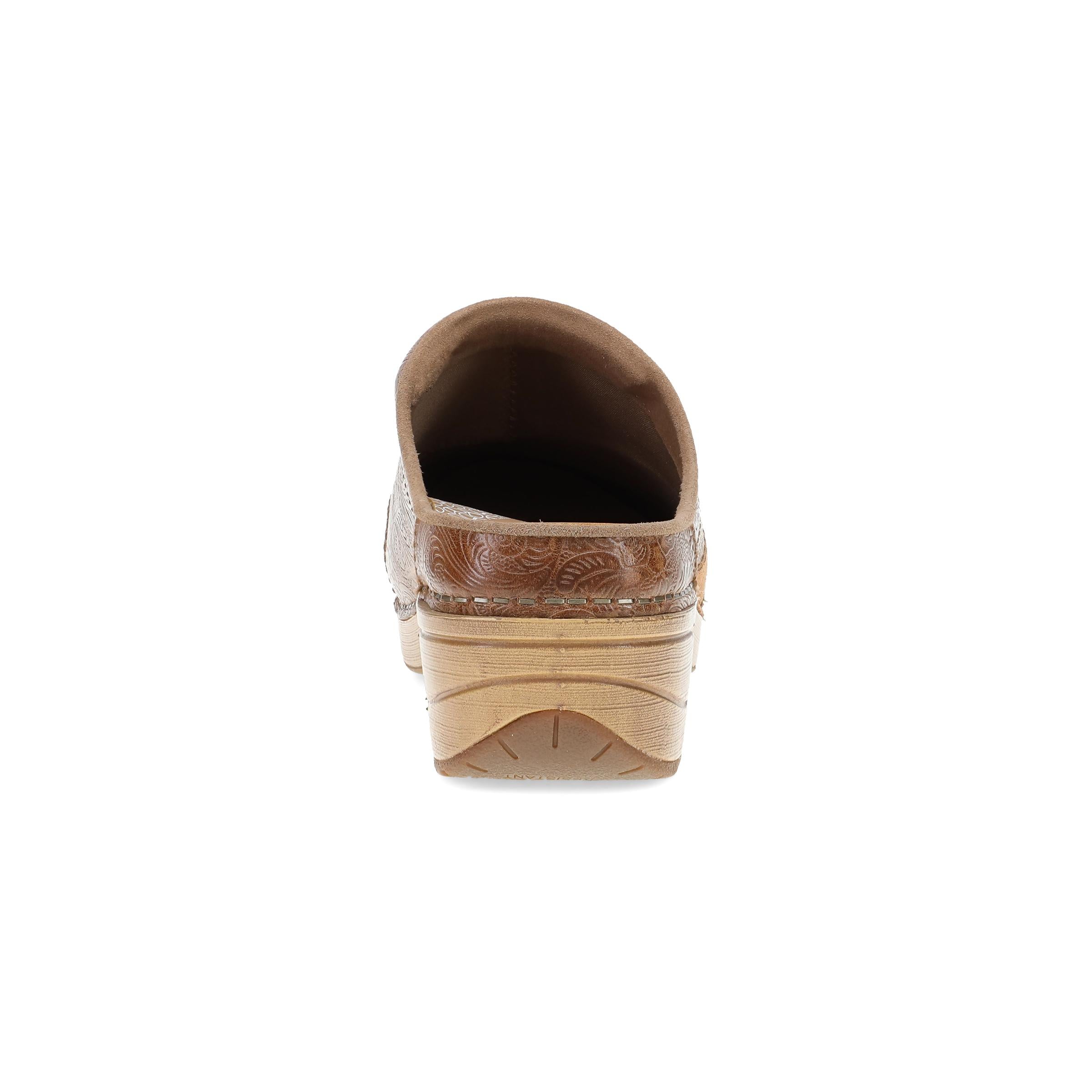 DANSKO Women's Zinnia Clog Tan Multi, inside view showing Natural Arch removable footbed.
