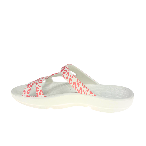The Sovella Womens PF Slide Pink/Leopard from SOVELLA features a thick sole and two crisscross straps with a pink and orange leopard print, designed for comfort recovery and built-in arch support.
