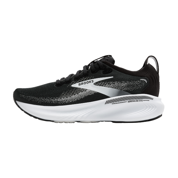 The BROOKS Men's Adrenaline GTS 25 Wide in Black/White is a men's running shoe with a mesh upper, white accents, and thick white sole, designed for foot pain relief, shown from the side on a plain white background.
