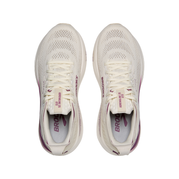 A pair of Brooks Women's Adrenaline GTS 25 Coconut/Grey running shoes, shown from above with pink accents and visible "BROOKS" branding on the insoles—ideal for plantar fasciitis support, against a white background.