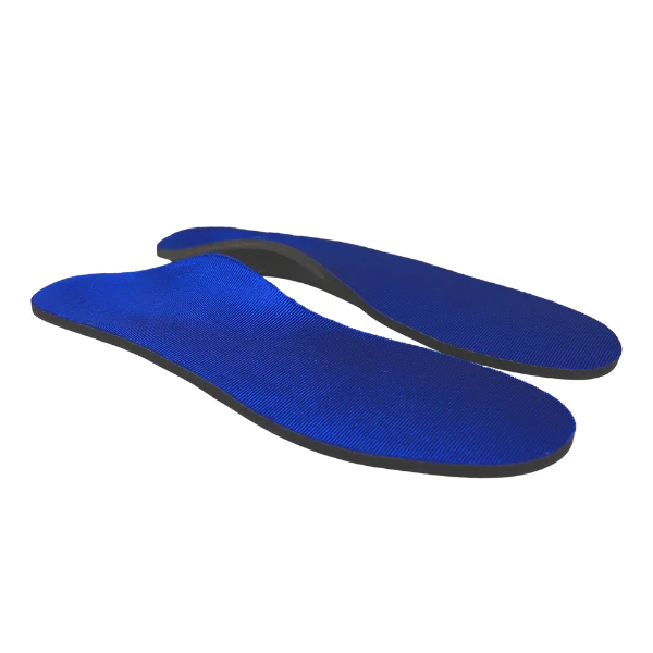 A pair of blue SOVELLA S3000 Comfort Arch Support insoles with black bottoms, displayed on a white background with one slightly overlapping the other for enhanced arch support.