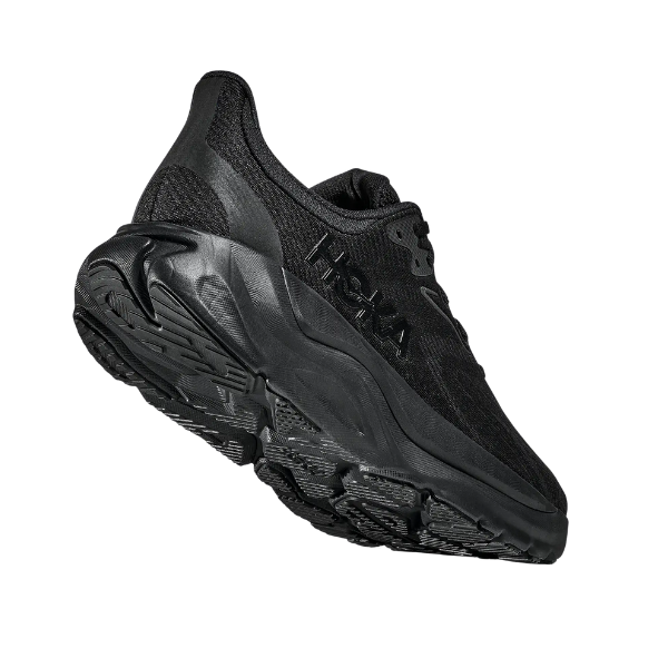 HOKA Men's Arahi 8 Wide Black/Black stability running shoe shown from a low rear angle on a white background.