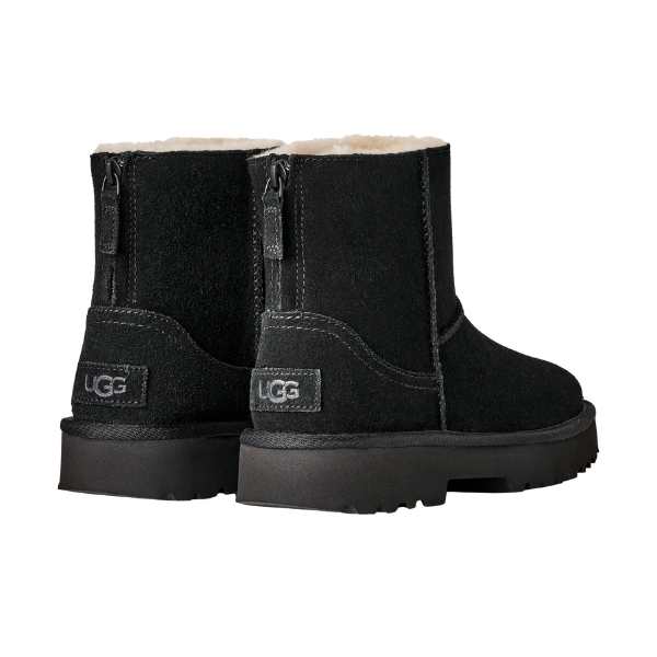 The UGG Women's Marais Zip Up Black boots feature black suede, visible stitching, sturdy soles, a soft sheepskin lining, UGG logo on the heel, and rear pull tabs for easy wear.