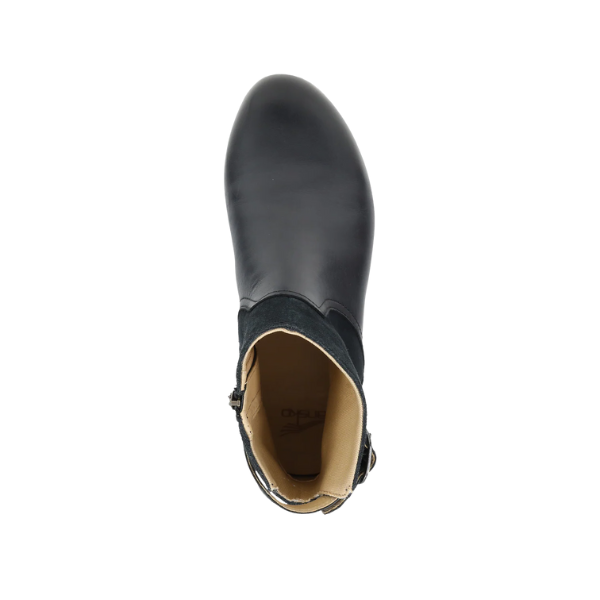 Top view of Dansko Women's Monique Black bootie with tan lining, side zipper, and slip-resistant sole.