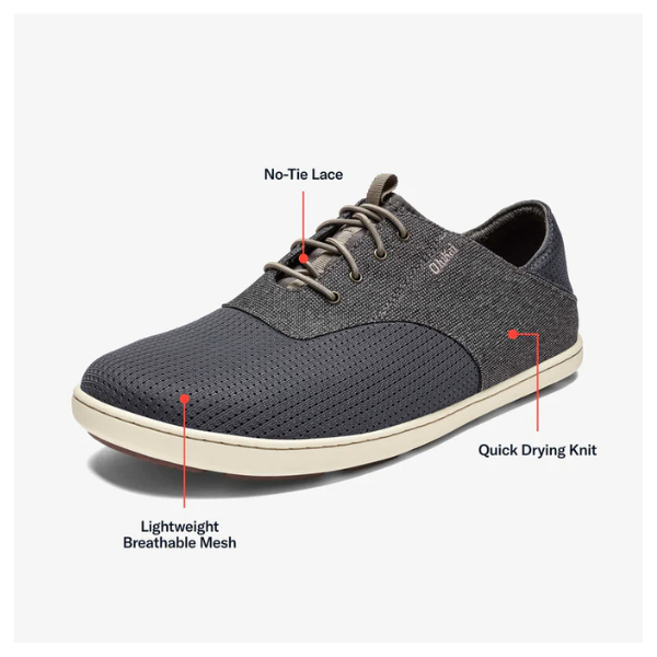 The OLUKAI Men's Nohea Moku Sneaker Grey is a dark gray casual shoe with a beige sole, featuring no-tie laces, quick-drying knit, lightweight breathable mesh, and red labels and text.