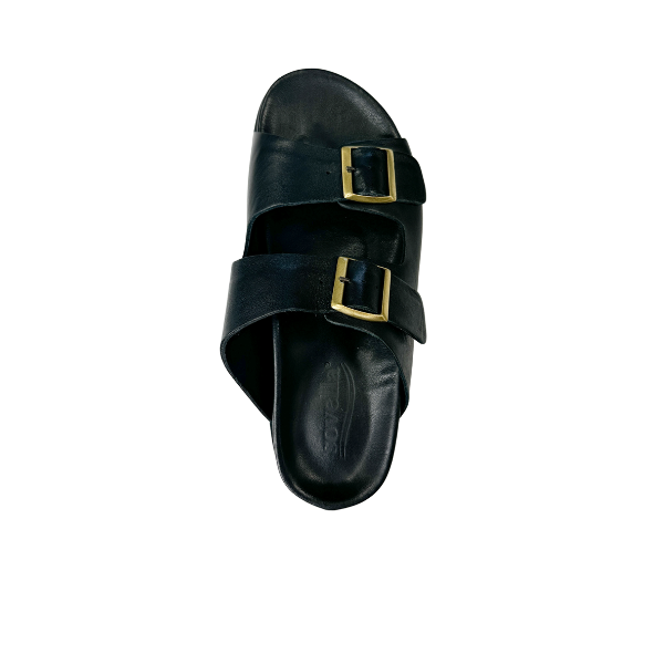 A Sovella Womens Olivia Black sandal by SOVELLA, featuring two Wide straps with gold buckles, shown from above on a white background and designed to provide arch support and relieve foot pain.