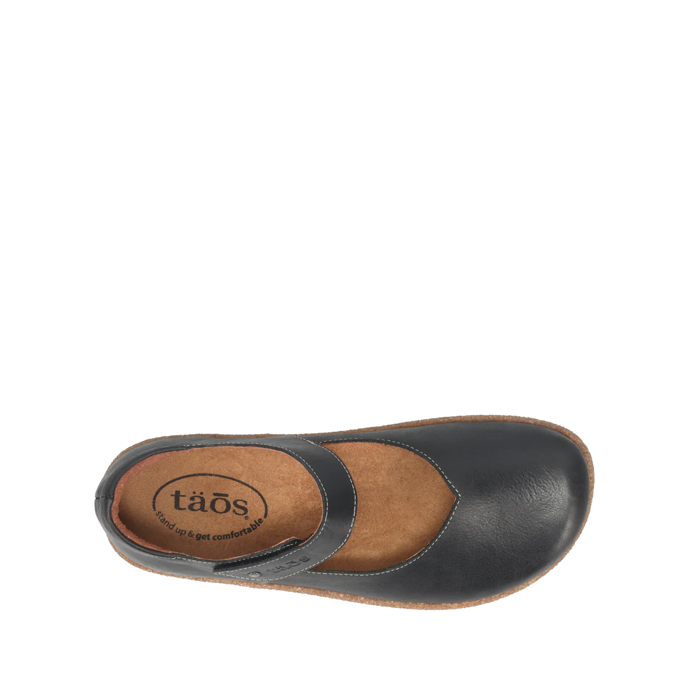 Top view of the Taos Womens Ultimate Black shoe by TAOS, featuring a black Mary Jane design, brown insole with instep strap, and taös logo plus Stand up & get comfortable on the orthotic-friendly Curves & Pods footbed.
