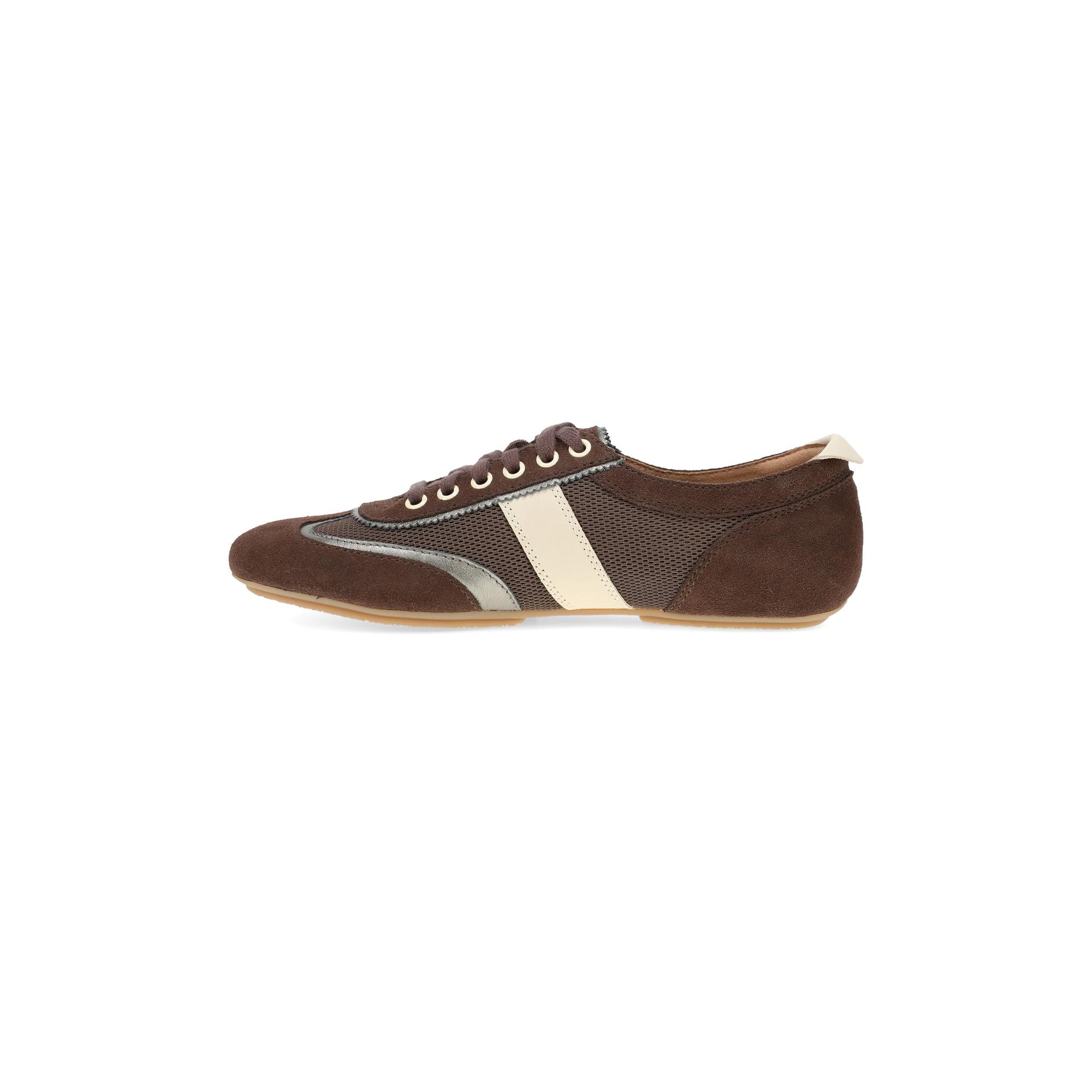 DANSKO Women's Milana Chocolate/Pewter Suede ballet flat, TR rubber sole, side profile view.