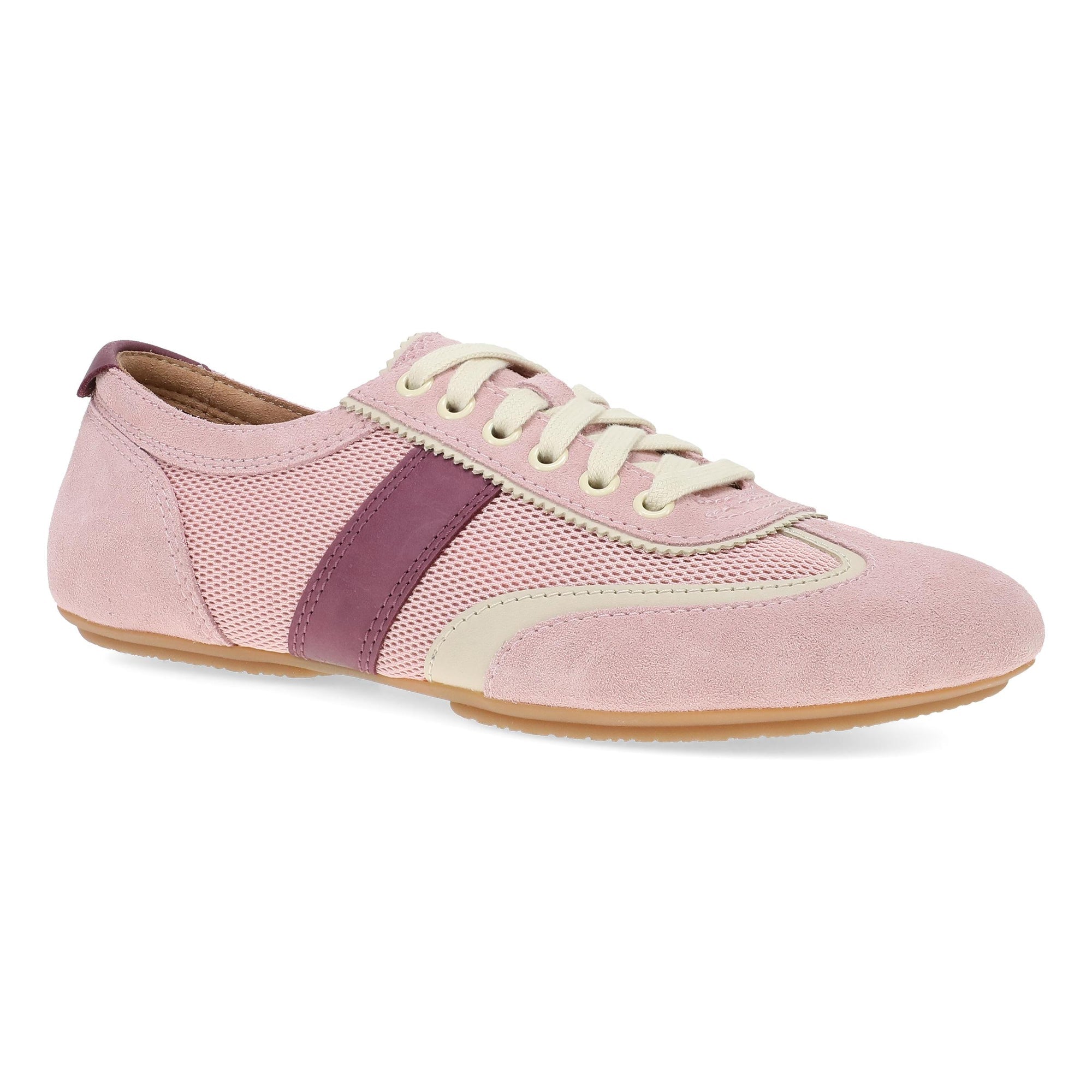 DANSKO Women's Milana Pink/Berry Leather flat, soft pink leather upper, angled side view.