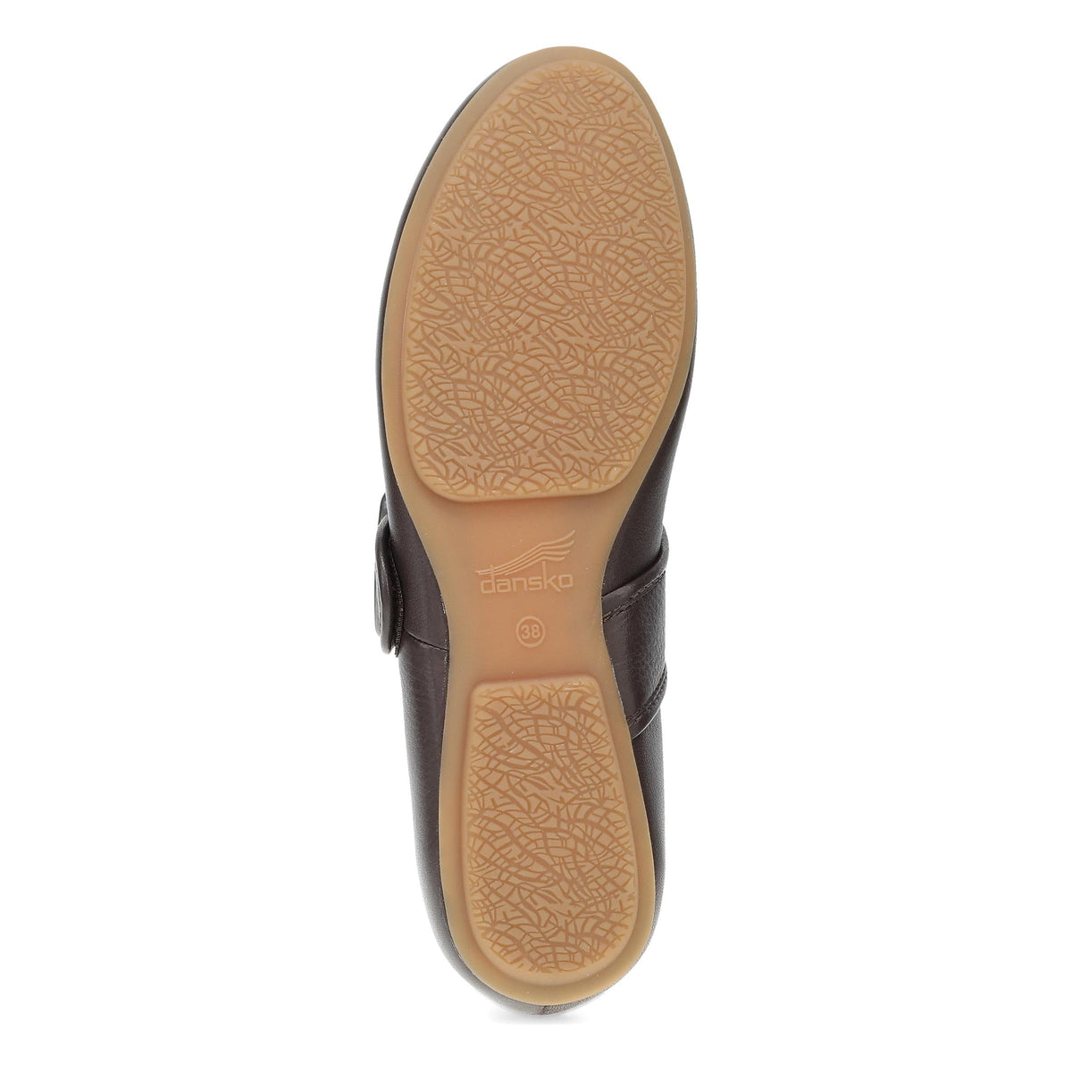 DANSKO Women's Matilda Mary Jane Chocolate flat with flexible TR rubber outsole tread, bottom view.