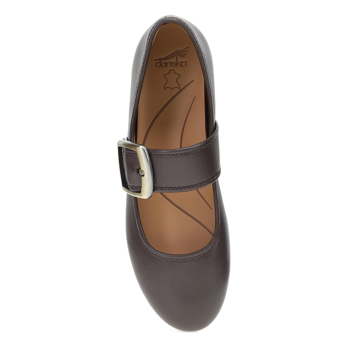 DANSKO Women's Matilda Mary Jane Chocolate flat from above, leather footbed and buckle strap, top view.