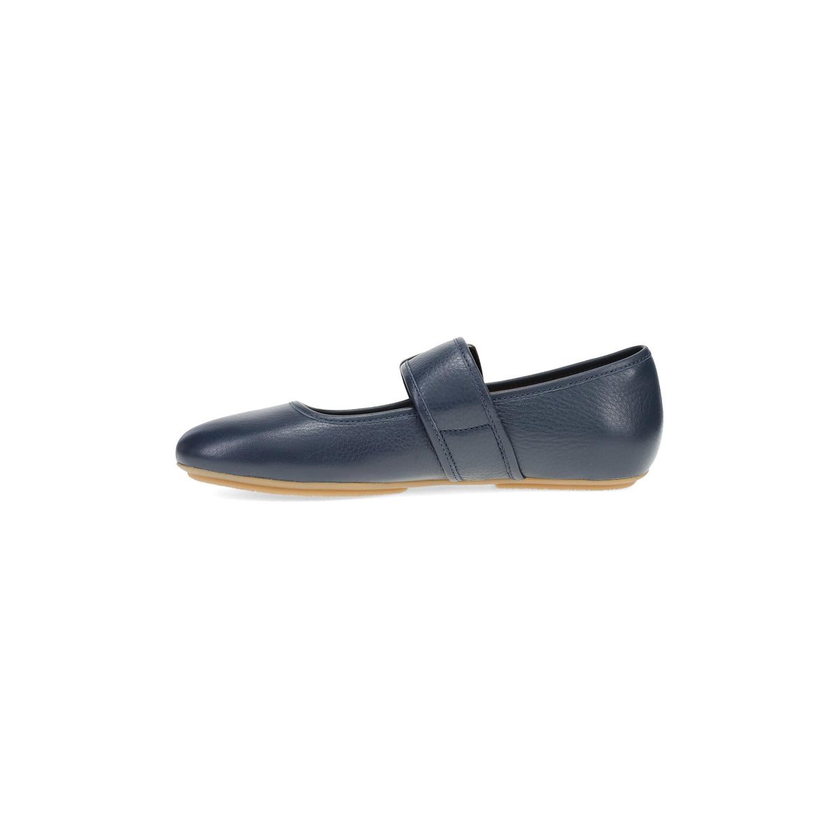 DANSKO Women's Matilda Mary Jane Navy leather flat, hook-and-loop buckle strap, arch support, side view.