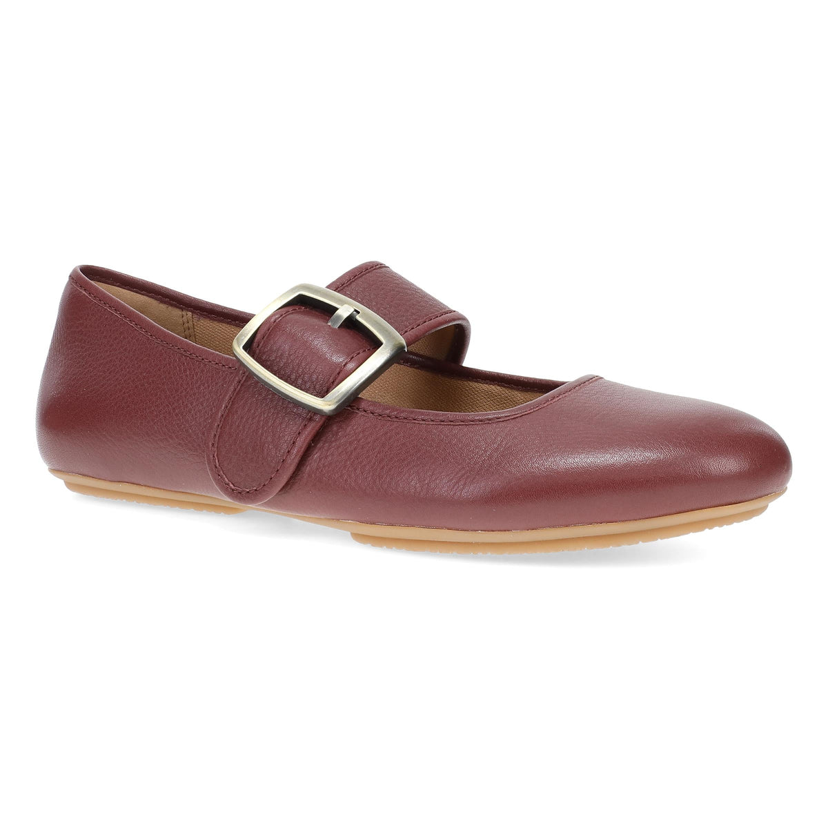 DANSKO Women's Matilda Mary Jane Sangria leather flat with bold buckle strap and low sole, angled hero view.