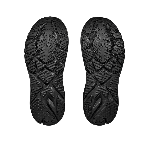 Two black rubber soles from HOKA Men's Arahi 8 Wide Black/Black shoes, side by side on a white background.