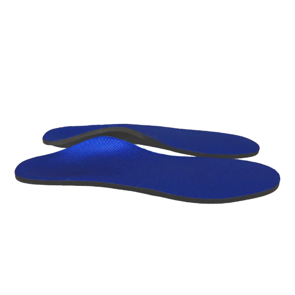 A pair of blue SOVELLA S3000 Comfort Arch Support insoles with black bottoms, shown side by side on a white background, highlighting the arch support design.