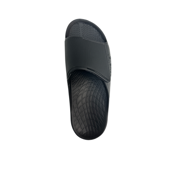A top-down view of the Sovella Mens PF Velcro Slide Black sandal by SOVELLA, featuring arch support, a textured footbed, and a Wide velcro strap, displayed on a white background.