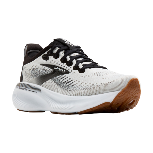 The Brooks Women's Adrenaline GTS 25 Wide White/Black by BROOKS is a supportive women's running shoe featuring a breathable mesh upper, brown rubber sole, black laces, and the Brooks logo displayed on the side—ideal for foot pain relief.
