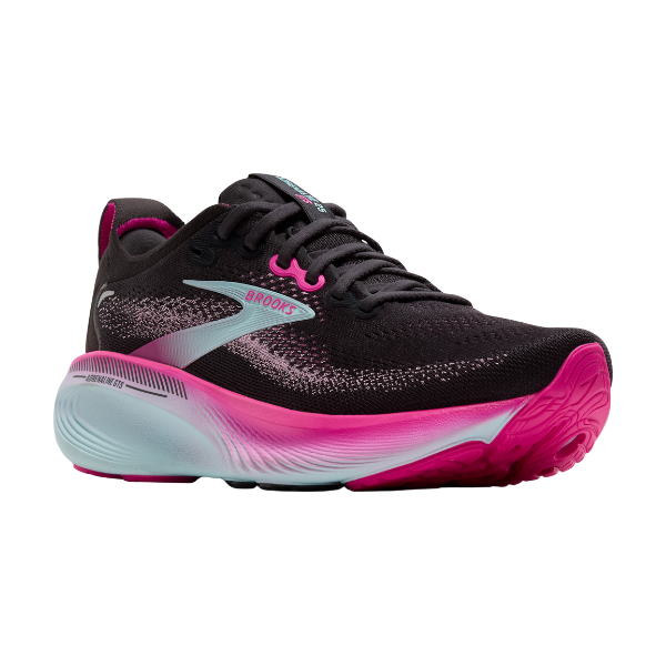 The BROOKS Women's Adrenaline GTS 25 in Black/Pink features a thick sole, pink outsole, and visible branding. Shown at an angle to highlight side and front details, it's ideal for runners needing support for plantar fasciitis.