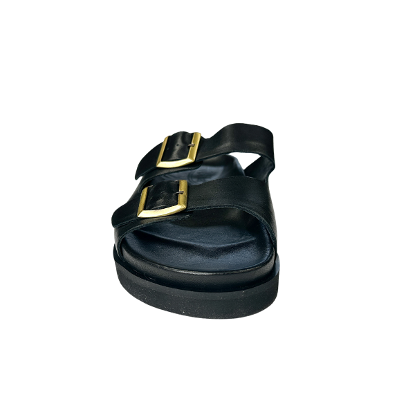 The SOVELLA Womens Olivia Black Sandal features two Wide straps with gold buckles, offers arch support and foot pain relief, and is shown from the front on a white background.
