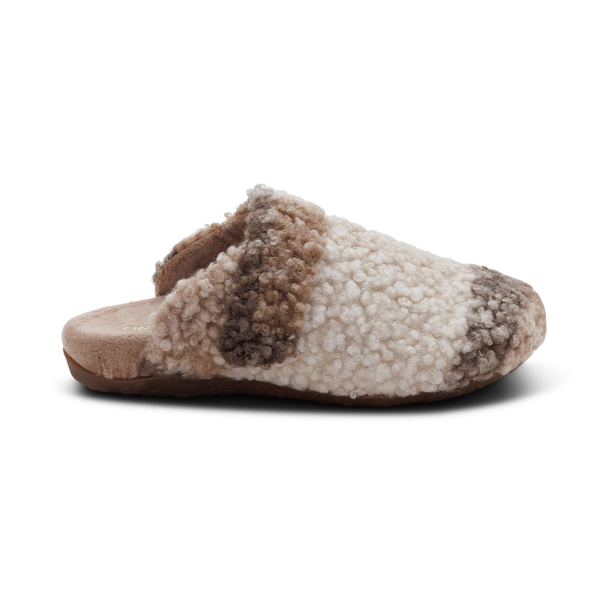 AETREX Women's Mia Tan Plaid slipper, plush plaid fabric upper with hook-and-loop strap, side profile view.
