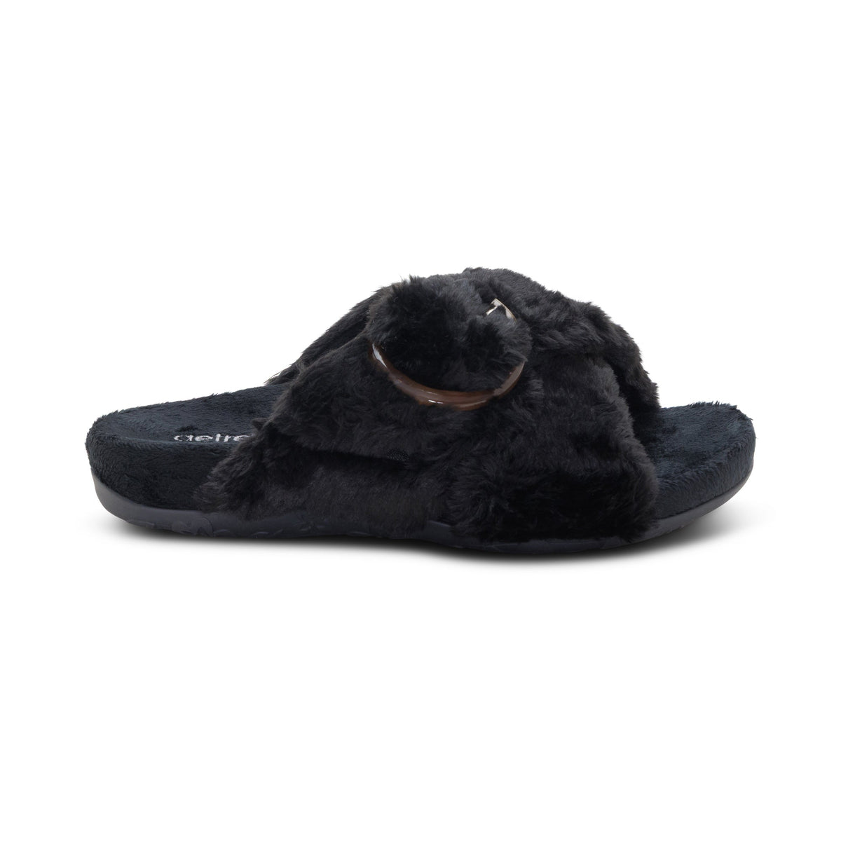 AETREX Women's Macy Black open-toe slipper, plush black upper with hook-and-loop strap, side profile view.