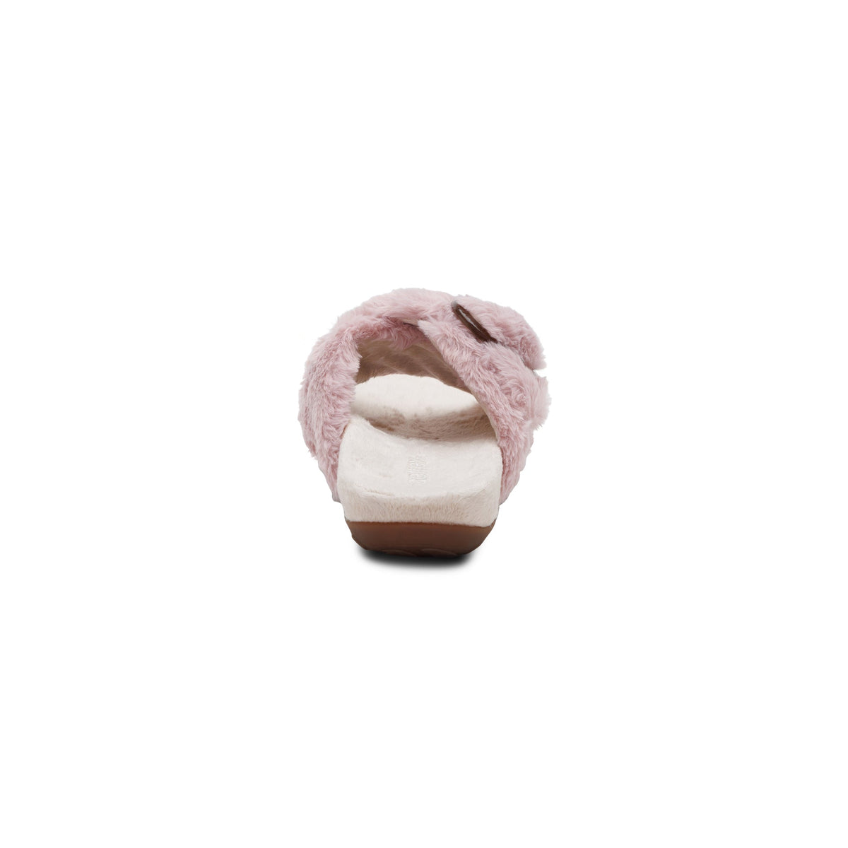 Rear view of the AETREX Women's Macy Pink open-toe slipper with a cushioned heel and soft plush lining.