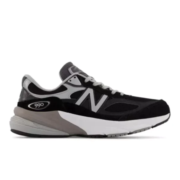 The New Balance Mens 990 V6 Black sneaker features black, gray, and white mesh and suede with a large N logo, plus a thick cushioned sole for running comfort and foot pain prevention.